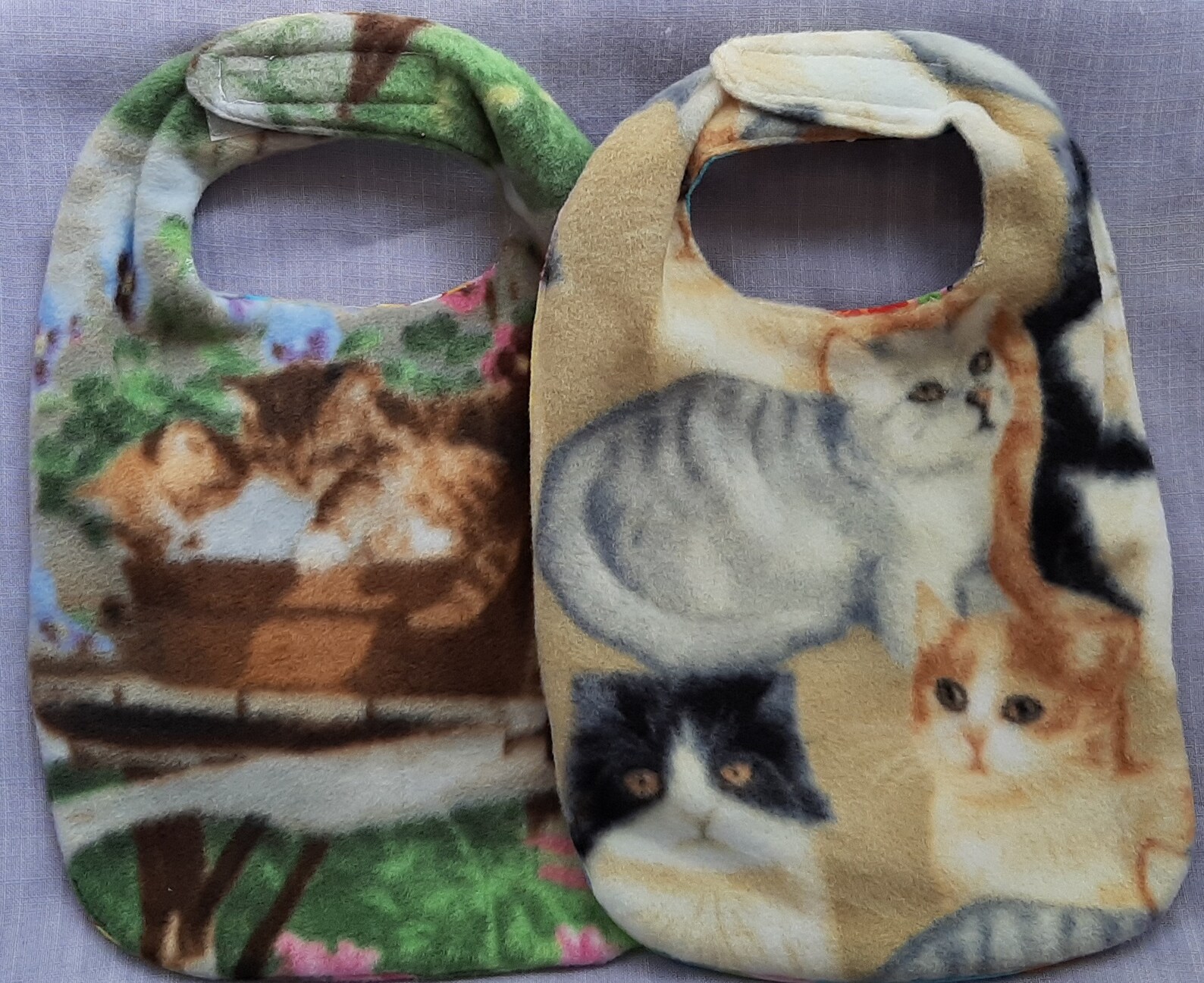Reversible Small Pocket Bibs Cat and Kitten Flannel With Fleece on the