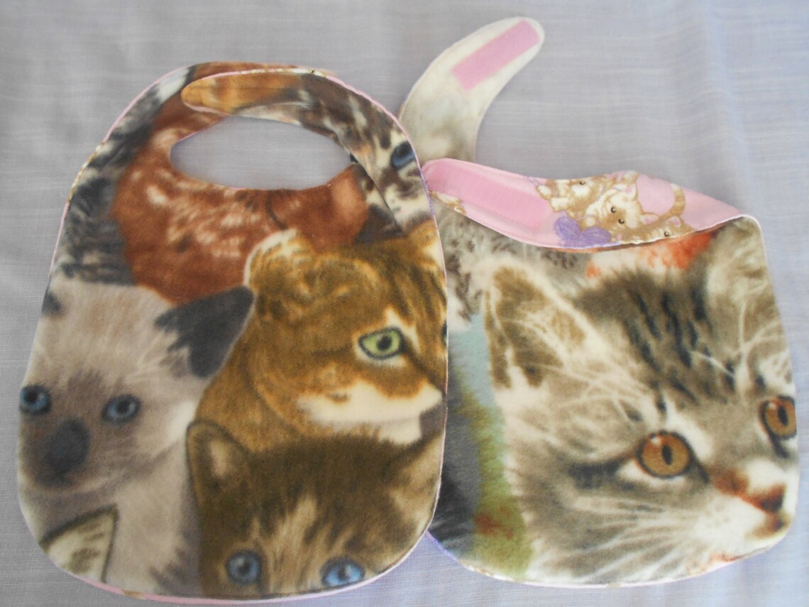Reversible Small Pocket Bibs Cat and Kitten Flannel With Fleece on the