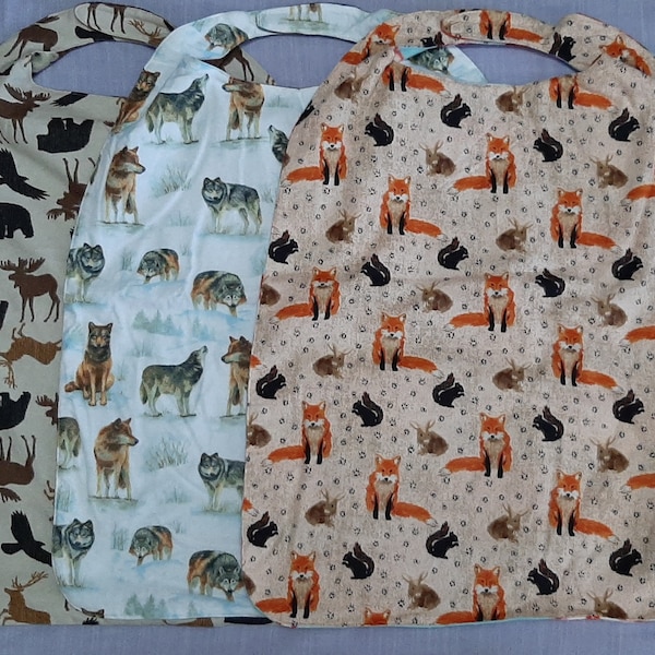 Reversible X-Large Adult Clothes Protectors: Forest Animals on flannel with complementary fleece on the other side.