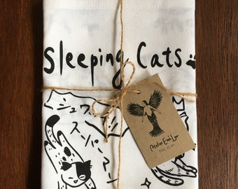 Cat tea towel- Sleeping cats,  gift for cat lovers, Japanese, hetauma ink drawing cats