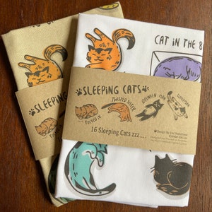 16 Sleeping cats printed on 100% ACO certified organic cotton tea towel, kitchen towel, gift for cat lovers