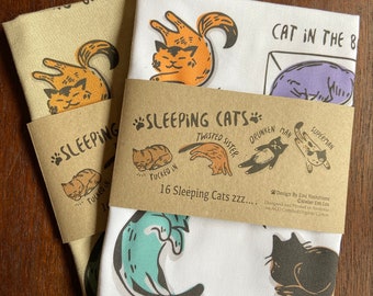 16 Sleeping cats printed on 100% ACO certified organic cotton tea towel, kitchen towel, gift for cat lovers