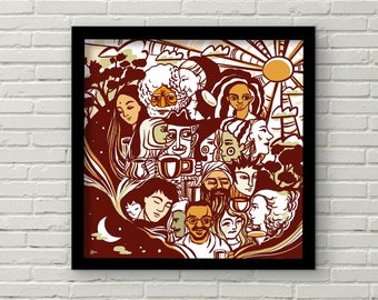 Tea Time On Planet Earth Original Illustration, Giclée Art Print, Wall Art. Inclusion, Diversity, Multicultural, Community, Positivity