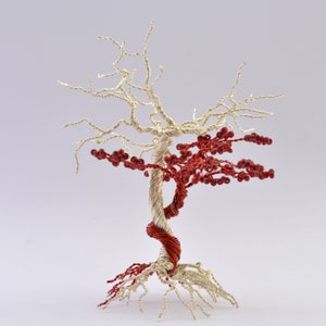 Red Silver Beaded Wire Tree Sculpture | Yin Yang Themed Wire Tree