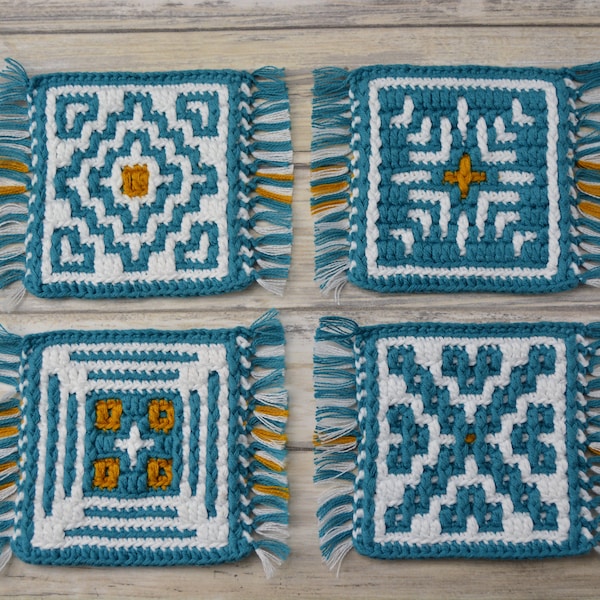 Mosaic Crochet Coaster Set, 100% Cotton Crochet Drink Coasters, Crochet Mug Rugs