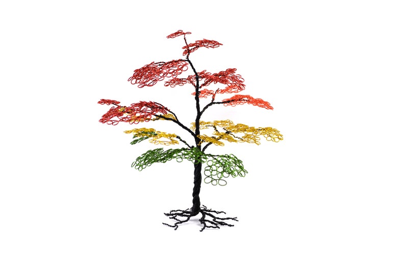 Pu&ograve; includere: Scultura di albero in filo metallico fatta a mano con tronco e radici neri. Il fogliame passa dal verde alla base al giallo e poi al rosso in cima, creando un'esposizione colorata. La scultura &egrave; ambientata su uno sfondo bianco.