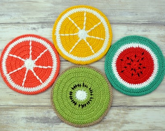 Crochet Fruit Coasters Set, 100% Cotton Crochet Drink Coasters, Crochet Mug Rugs, Summer Decor