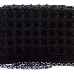 Evening Black Crochet Bag with Metallic Chain and Full Lining