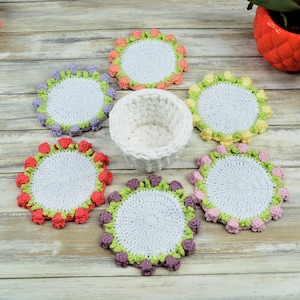 Set of Four Crochet Flower Coasters with pot for your Summer decor