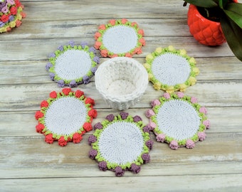 Set of Four Crochet Flower Coasters with pot for your Summer decor