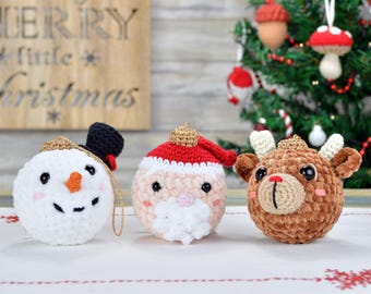 Crochet Christmas Bauble: Velvet Santa, Snowman, or Reindeer Ornament
