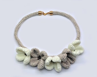 Crochet Gemstone Flower Necklace, Bib Statement Necklace