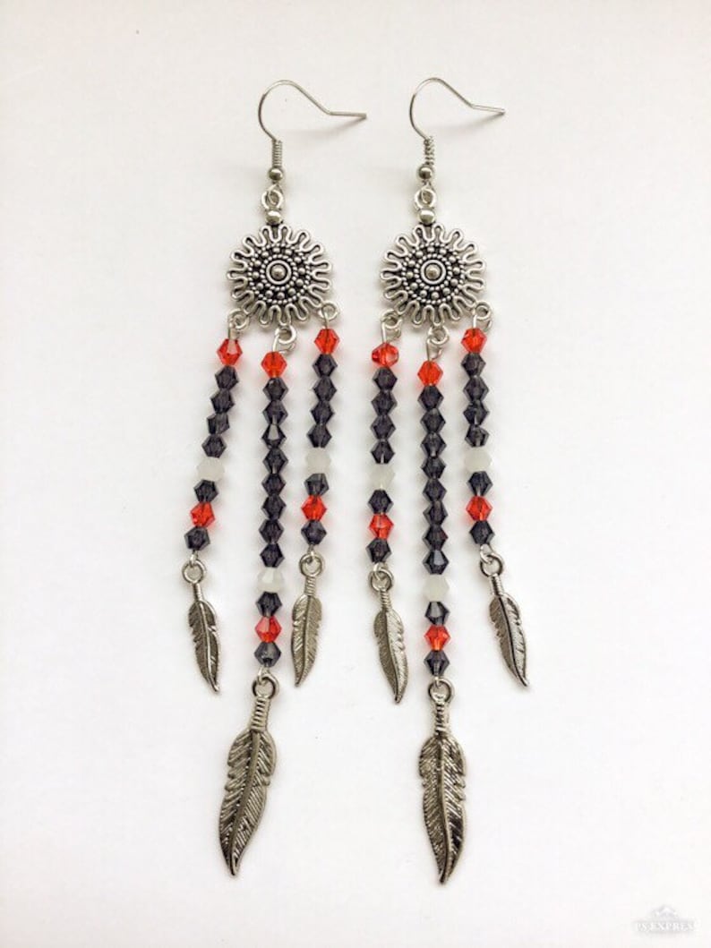 Southwestern Feather Aztec Dangling Earrings
