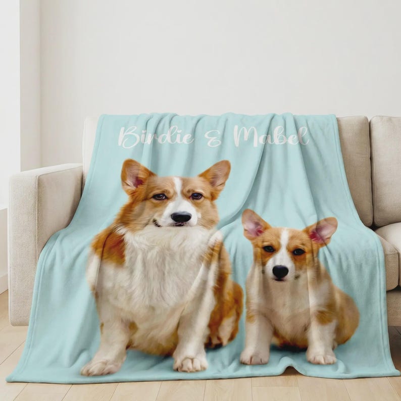 May include: A light blue throw blanket featuring a printed illustration of two brown and white Corgi dogs sitting side by side. The text "Birdie & Mabel" is printed in white cursive script across the top portion of the soft fabric blanket.