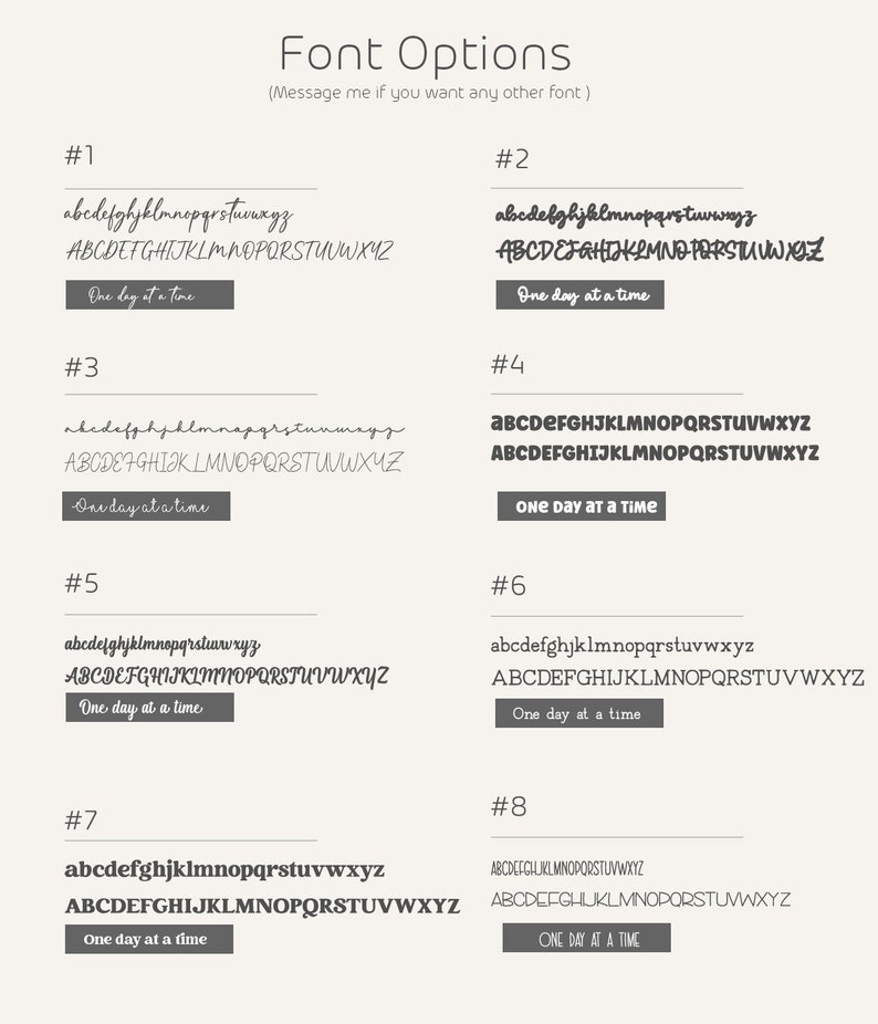 K&ouml;nnte beinhalten: Acht verschiedene Schriftarten f&uuml;r den Satz "One day at a time" werden in einem Raster angezeigt. Jede Schriftart ist von 1 bis 8 nummeriert. Die Schriftarten reichen von l&auml;ssiger Schrift bis zu formellerer Blockschrift.