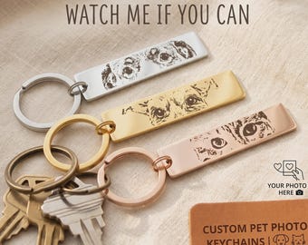 Custom Pet Photo Keychain, Personalized Stainless Steel Engraved Dog & Cat Keyring