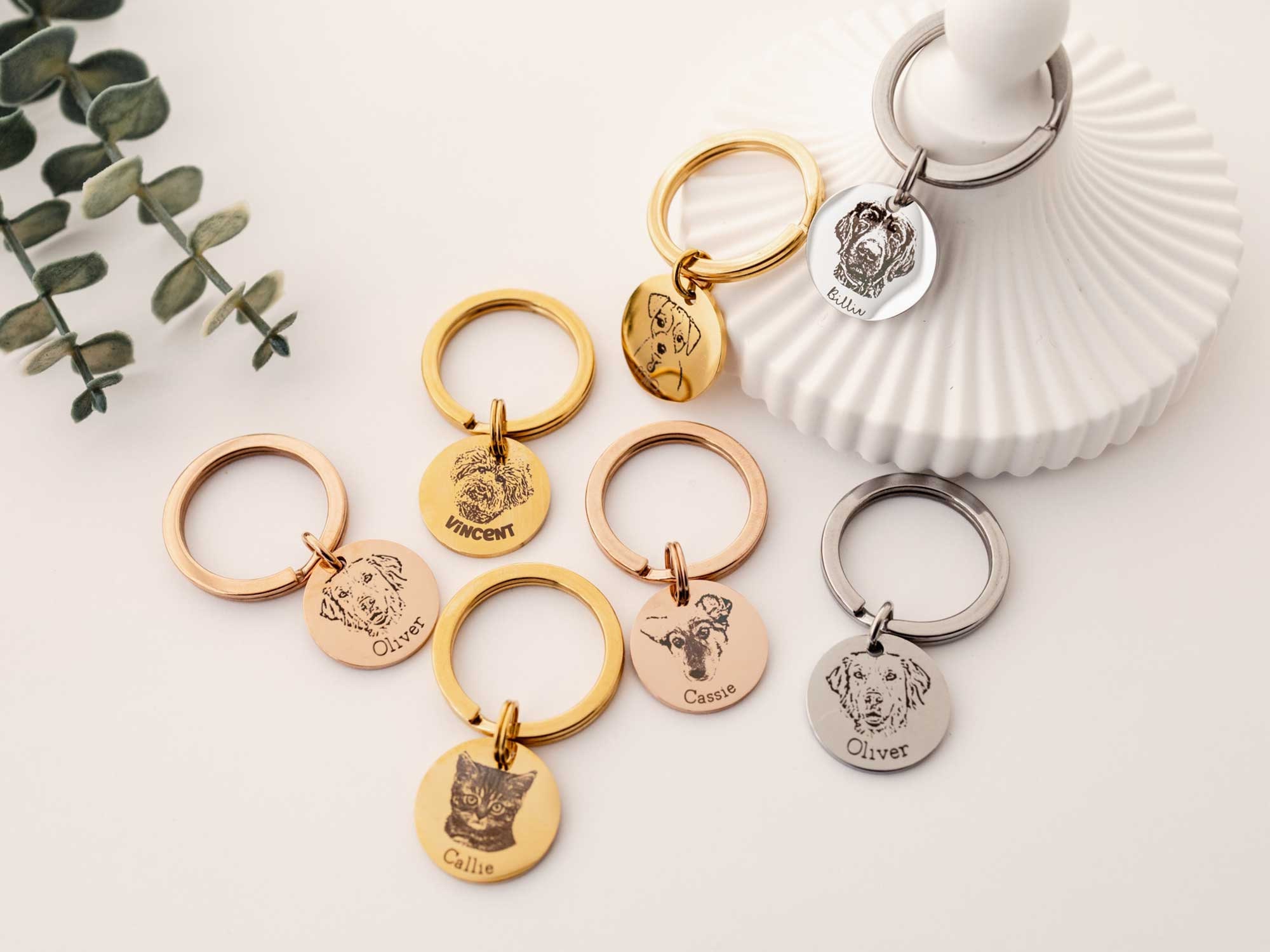 Custom Engraved Pet Portrait Keychain Dog Photo Keyring