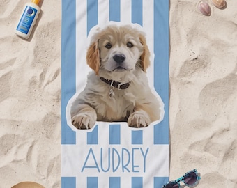 Custom Pet Beach Towel, Personalized Dog or Cat Photo Towel, Striped Summer Pool Gift for Pet Lover