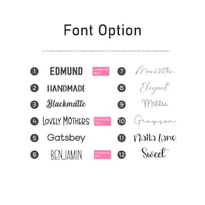 May include: A font selection chart titled Font Option featuring twelve numbered styles. Options 1, 4, and 6 include a pink rectangular label stating UPPERCASE ONLY. The list displays various typography styles ranging from bold sans-serif to script.