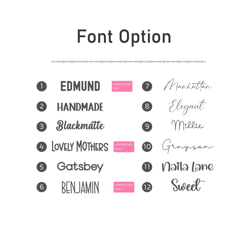 May include: A font selection chart titled Font Option featuring twelve numbered styles. Options 1, 4, and 6 include a pink rectangular label stating UPPERCASE ONLY. The list displays various typography styles ranging from bold sans-serif to script.