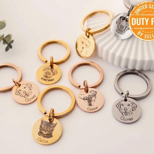Engraved Pet Portrait Keychain: Personalized Dog Memorial Gift