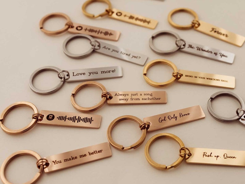 K&ouml;nnte beinhalten: Eine Sammlung von goldenen und silbernen Schl&uuml;sselanh&auml;ngern mit gravierten Botschaften. Die Botschaften beinhalten "Love you more!", "Always just a song away from eachother", "God Only Knows", "You make me better", "Push up. Queen", "Bring on your wrecking ball", "The Wonder of You", "Forever", "Are you tired yet?" und einen Barcode.