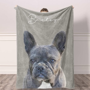 May include: A soft gray fleece blanket featuring a large, detailed portrait of a French Bulldog with dark fur and a white chest patch. The name Bailey is printed in a white, elegant cursive script font across the top portion of the blanket.