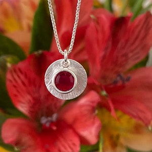 July Birthstone Necklace, Dainty Silver Circle Pendant Necklace With July, Ruby Crystal Birthstone Charm, Sterling Silver