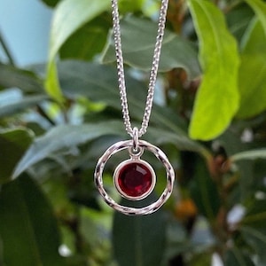 May include: A silver necklace with a red gemstone pendant. The pendant is set in a circle with a textured edge.