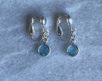 March Crystal Birthstone Clip on Earrings, Handmade Birthstone Sterling Silver Clip On Earrings with silver plated Crystal Birthstone Charm