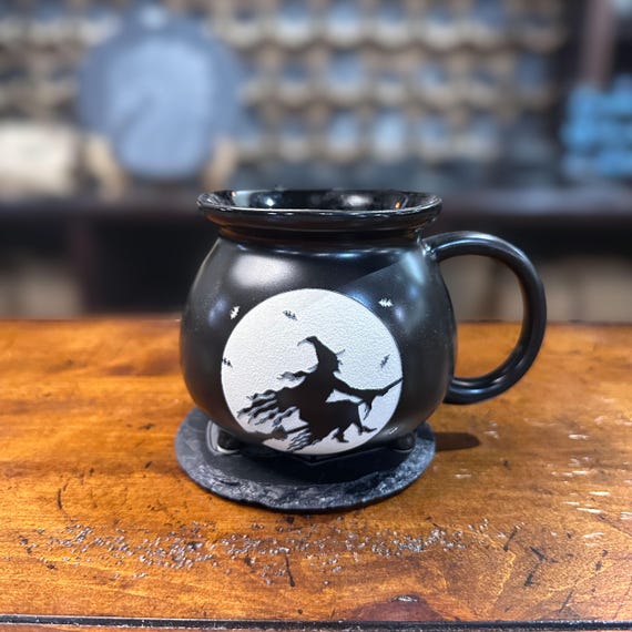 Witching Hour Cauldron Mug | Ceramic Black Cauldron Mug | Laser-Engraved with Silhouette of Witch Flying on Broomstick Against a Full Moon