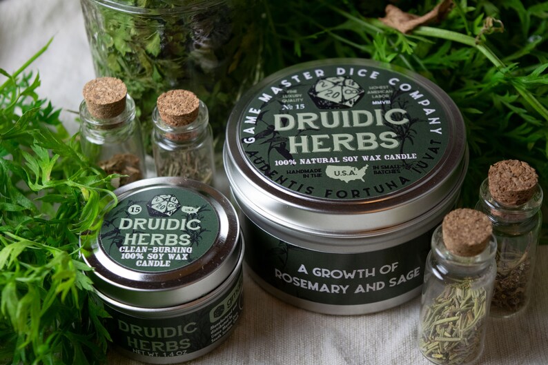 Druidic Herbs Gaming Candle | Geek Gift | RPG | Gamer | DND | Sage | Rosemary | Herbal | Pine | Druid | 20oz | 8oz | 2oz | Wax Melts image 6