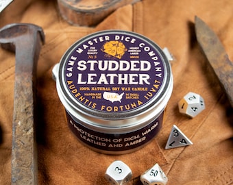 Studded Leather Gaming Candle | Soy Candle | Geek Gift | RPG | Gamer | DND | Leather Candle | 20oz | 8oz | 2oz | Wax Melts