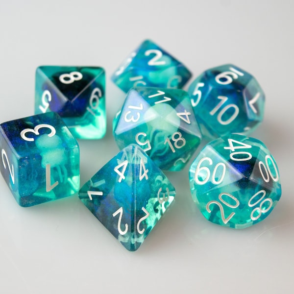 Jellyfish Dice | 7 Glow-in-the-Dark Polyhedral Dice with a Jellyfish in each one | Dungeons and Dragons | DND | RPG | d20 | D&D Dice