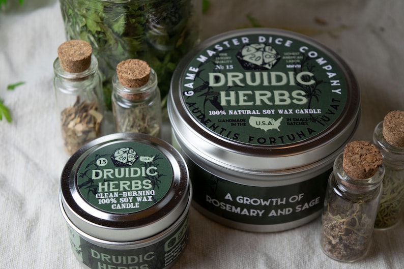 Druidic Herbs Gaming Candle | Geek Gift | RPG | Gamer | DND | Sage | Rosemary | Herbal | Pine | Druid | 20oz | 8oz | 2oz | Wax Melts image 7