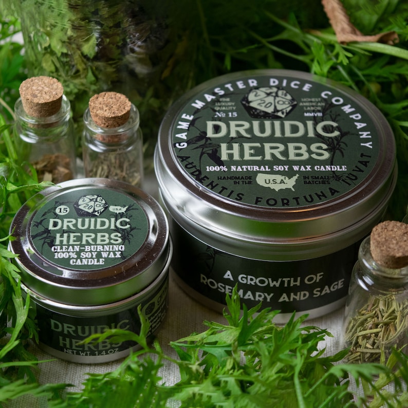 Druidic Herbs Gaming Candle | Geek Gift | RPG | Gamer | DND | Sage | Rosemary | Herbal | Pine | Druid | 20oz | 8oz | 2oz | Wax Melts image 8