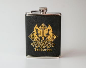 Barbarian Flask | Stainless Steel Hip Flask with Engraved Leather | Dungeons and Dragons and Drinkware