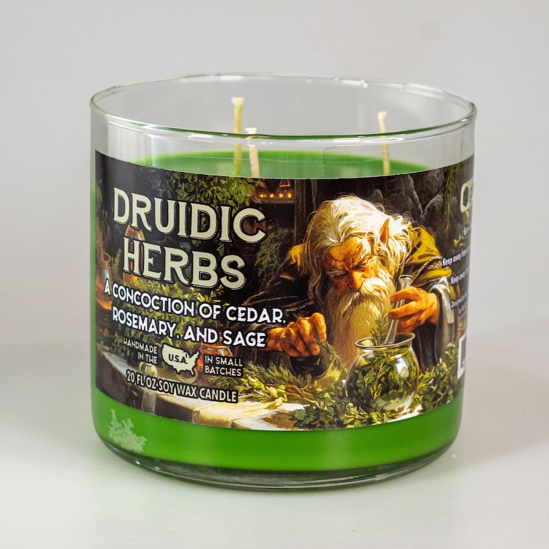 Druidic Herbs Gaming Candle | Geek Gift | RPG | Gamer | DND | Sage | Rosemary | Herbal | Pine | Druid | 20oz | 8oz | 2oz | Wax Melts 20 oz 3-Wick Jar