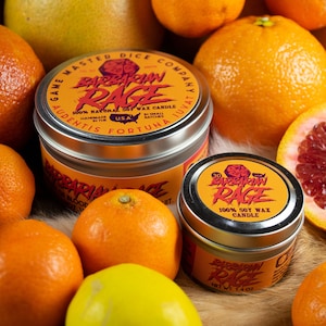 Bougie de jeu Barbarian Rage | Cadeau geek | RPG | Joueur | MDN | Orange sanguine | Néroli | Cèdre | 20 oz | 8 oz | 2 onces | Fondants de cire