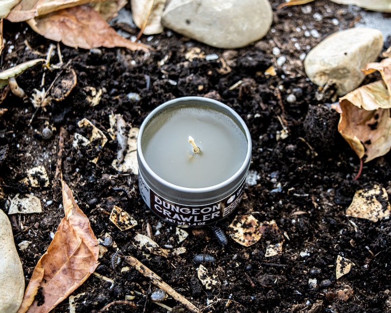 May include: A small, silver tin candle with a gray wax and a single wick. The candle is labeled "Dungeon Crawler" with a net weight of 1.4 oz. The candle is sitting on a bed of dirt and leaves.