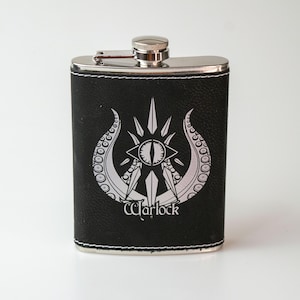 Warlock Flask | Stainless Steel Hip Flask with Engraved Leather | Dungeons and Dragons and Drinkware