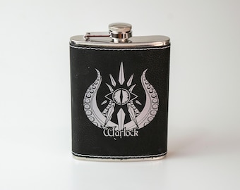 Warlock Flask | Stainless Steel Hip Flask with Engraved Leather | Dungeons and Dragons and Drinkware