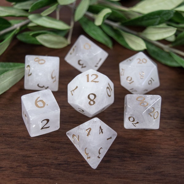 Purity - White Quartz Gemstone Dice Set | 7 Polyhedral Dice | Dungeons and Dragons | DND