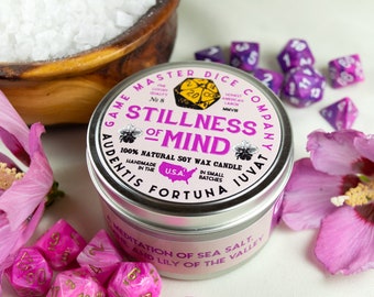 Stillness of Mind Gaming Candle | Soy Candle | Hand Poured | Geek Gift | RPG | Gamer | DND | Orchid | Sea Salt | 20oz | 8oz | 2oz | Wax Melt