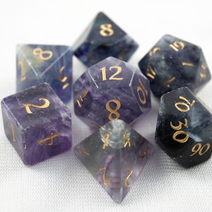 Arcana - Purple Fluorite Gemstone Dice Set | Hand Carved | 7 Polyhedral Dice | DnD Dice Set | Dungeons and Dragons | RPG Game | DND