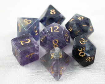 Arcana - Purple Fluorite Gemstone Dice Set | Hand Carved | 7 Polyhedral Dice | DnD Dice Set | Dungeons and Dragons | RPG Game | DND