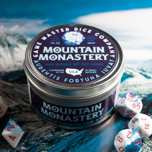 Mountain Monastery Gaming Candle | Geek Gift | RPG | Gamer | DnD | Oakmoss | Amber | Monk | 8oz | 2oz
