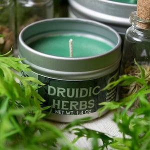 Druidic Herbs Gaming Candle | Geek Gift | RPG | Gamer | DND | Sage | Rosemary | Herbal | Pine | Druid | 20oz | 8oz | 2oz | Wax Melts 2 oz Tin