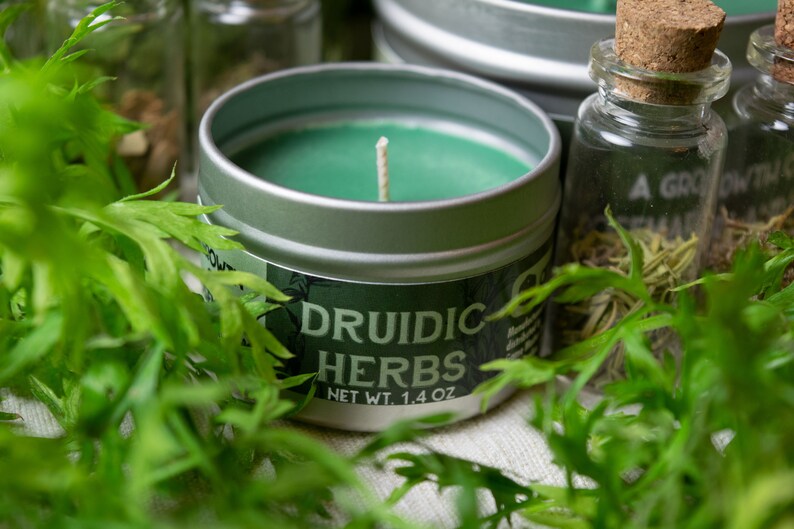 Druidic Herbs Gaming Candle | Geek Gift | RPG | Gamer | DND | Sage | Rosemary | Herbal | Pine | Druid | 20oz | 8oz | 2oz | Wax Melts 2 oz Tin