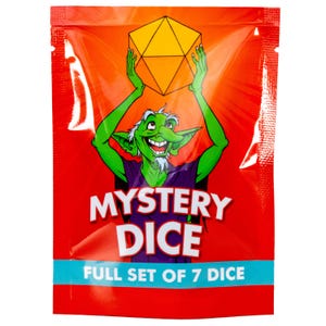 May include: A red package with the words "MYSTERY DICE" and "FULL SET OF 7 DICE" printed on it. The package features a green goblin character holding a yellow, multi-sided die. The background is orange.